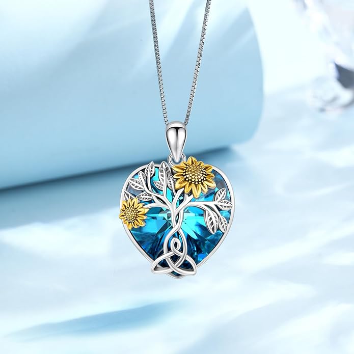 CHENGHONG Sunflower Necklace 925 Sterling Silver Tree of Life Necklace Daisy/Rose/Sunflower Pendant Necklace Sunflower Jewelry Gifts for Women Mom