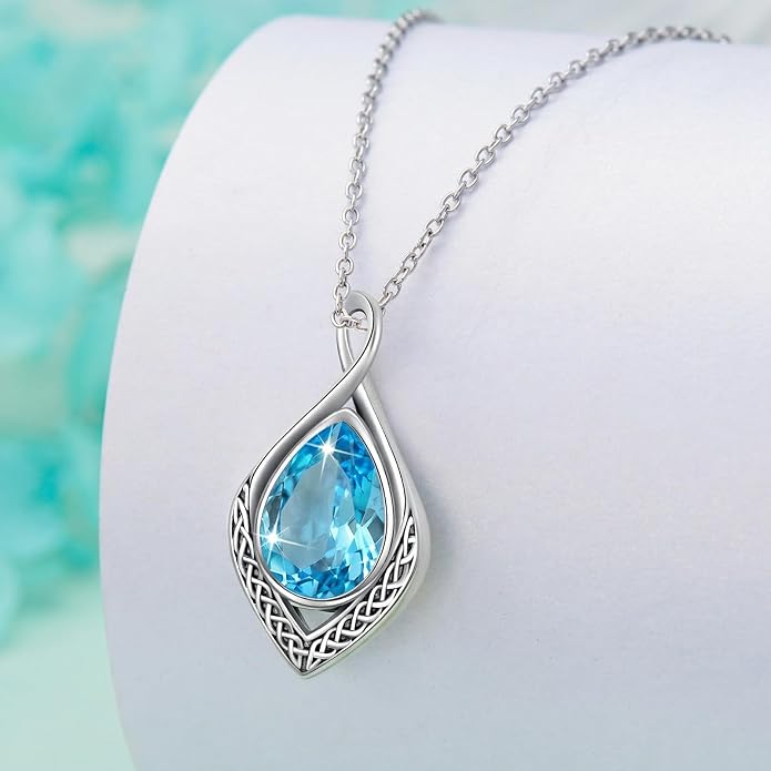 PELOVNY Celtic Knot Necklaces for Women 925 Sterling Silver Gemstone/Birthstone Teardrop Infinity Necklace Irish Celtic Pendant Jewelry Gifts for Mom Daughter Wife