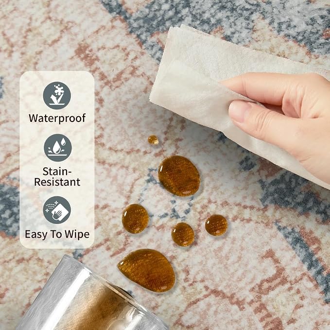 Rugxara 6x9 Area Rugs Washable Rug for Living Room Bedroom, Coral Blue | Non Slip, Rug for Dining Room Office Farmhouse, Stain Resistant, Soft, Low Pile, Vintage Boho Floral Retro Carpet, Home Decor