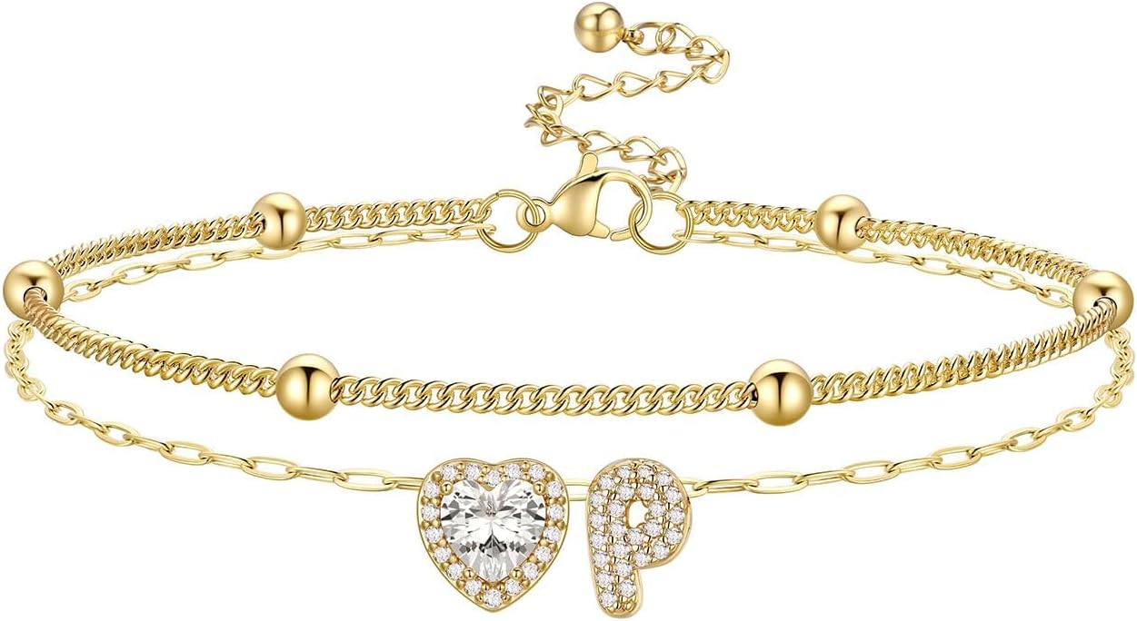 Bestyle Initial Anklet Bracelets for Women Waterproof Non Tarnish 14K Gold/White Gold Plated CZ Anklets for Women Dainty Layered Letter Heart Ankle Bracelets Adjustable Foot Chain Anklet