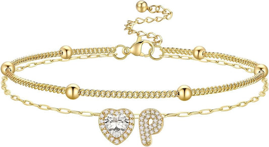 Bestyle Initial Anklet Bracelets for Women Waterproof Non Tarnish 14K Gold/White Gold Plated CZ Anklets for Women Dainty Layered Letter Heart Ankle Bracelets Adjustable Foot Chain Anklet