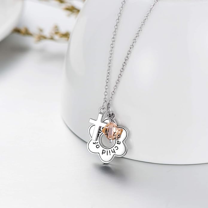 AOBOCO 925 Sterling Silver I Am a Child of God Daisy Necklace Jewelry Birthday Birthday Baptism Communion Gifts for Girls