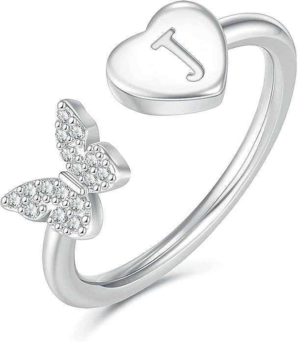 Initial Ring for Women Teens, Gold Plated Butterfly Heart Letter K Open Adjustable Ring, Dainty Alphabet Ring Jewelry Gift for Birthday