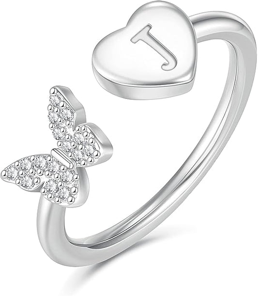 Initial Ring for Women Teens, Gold Plated Butterfly Heart Letter K Open Adjustable Ring, Dainty Alphabet Ring Jewelry Gift for Birthday