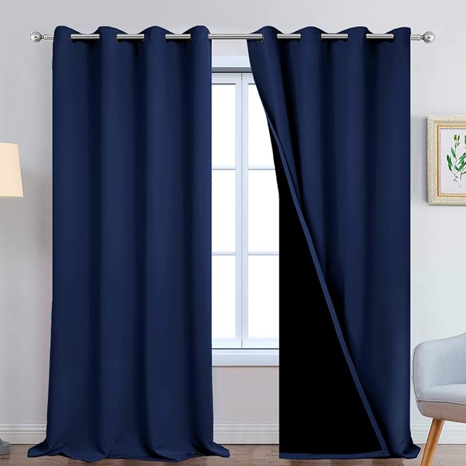 Yakamok Navy Blue 100% Blackout Curtains 108 Inches Long 52" Wide, 2 Panels | Blackout Curtain Panels for Bedroom, 2 Thick Layers Grommet Top Thermal Insulated Drapes with Black Liner for Living Room