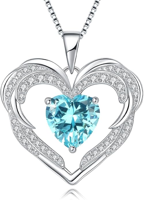 Heart Necklaces for Women Mother's day Gifts, Birthstone 925 Sterling Silver Angel Wings Love Pendant Necklaces for Women, Jewelry Gifts for Wife, Anniversary, Birthday