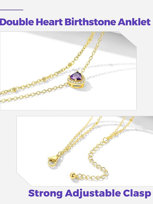 Richsteel Double Layer Heart/Butterfly Birthstone Anklet for Women Non Tarnish Waterproof, Silver/Gold/Black Stainless Steel 8.5-10.5 Inch Adjustable Chain Anklets Jewelry Gifts for Her