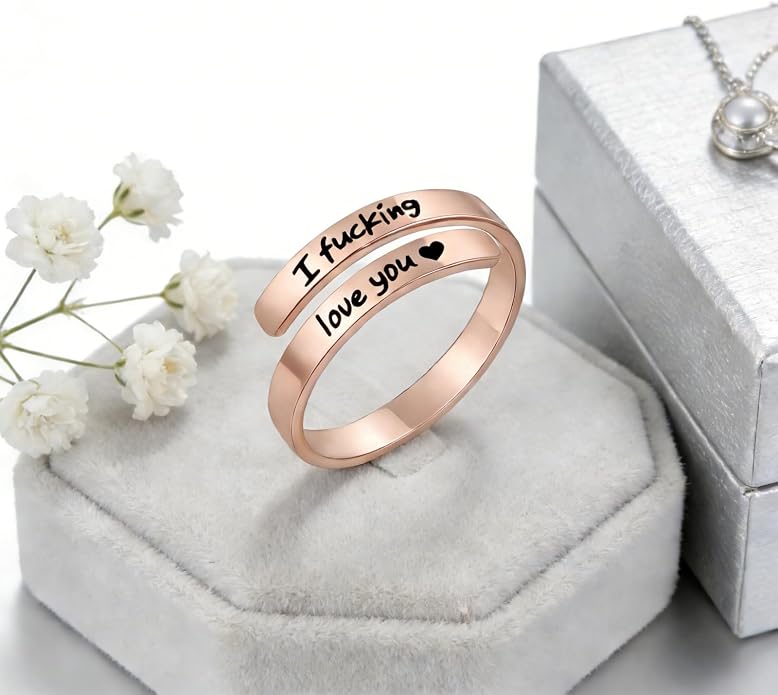 I Fcking Love You Ring, Stainless Steel Engraved Inspirational Words Heart Open Adults Women Vintage Promise Rings Lover Wife Jewelry
