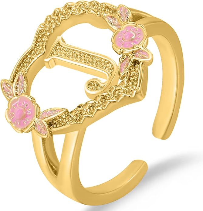 Gold Initial Rings for Women - Non Tarnish Dainty 14K Gold Plated Heart Adjustable Letter Rings for Women, Stackable Cute Thumb Pinky Fashion Open Simple Birthday Gifts Jewelry