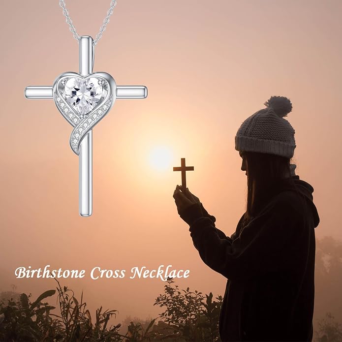 TOUPOP Birthstone Cross Necklace for Women 925 Sterling Silver Heart Cross Pendant Necklace Mothers Day Birthday Jewelry Gifts for Mom Wife Her