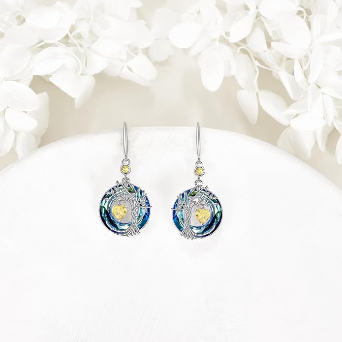 POPLYKE Tree of Life Birthstone Earrings 925 Sterling Silver Dainty Gemstone Birthstone Dangle Drop Earring with Crystal Fine Jewelry Birthday Gifts for Women Her