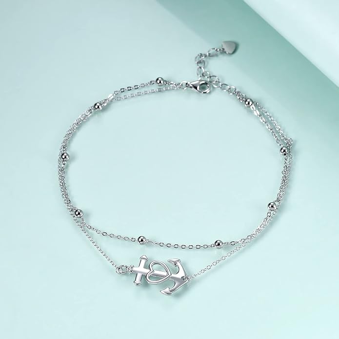 Rnivida 925 Sterling Silver Anklet for Women, Multilayer Foot Chain Adjustable Ankle Bracelet for Women