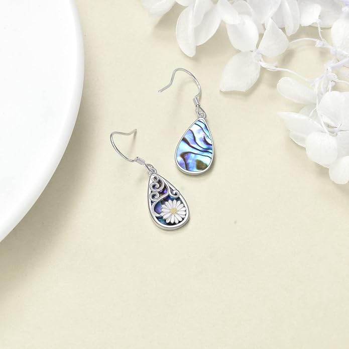 CRMAD Hummingbird/Bee/Leaves/Sunflower/Daisy/Dragonfly/Rose/Lotus Flower Sterling Silver Filigree Teardrop Earrings Abalone Shell Jewelry for Women