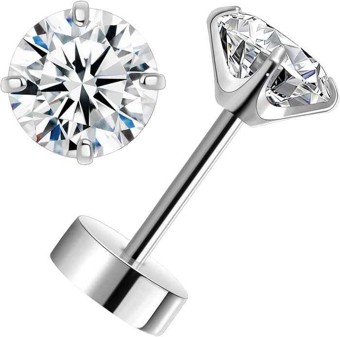 Titanium Earrings for Women Stud Earrings Cubic Zirconia Dainty Screw Flat Back Hypoallergenic Earrings for Women for Multiple Cartilage Helix Conch Tragus Piercing Jewelry for Sensitive Ears