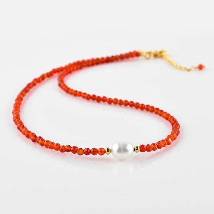 InfinityGemsArt Gemstone Gold Necklace For Women, Birthstone Natural Crystal Stone With Freshwater Pearl Beaded Jewelry, Gold Plated 18 Inch Chain