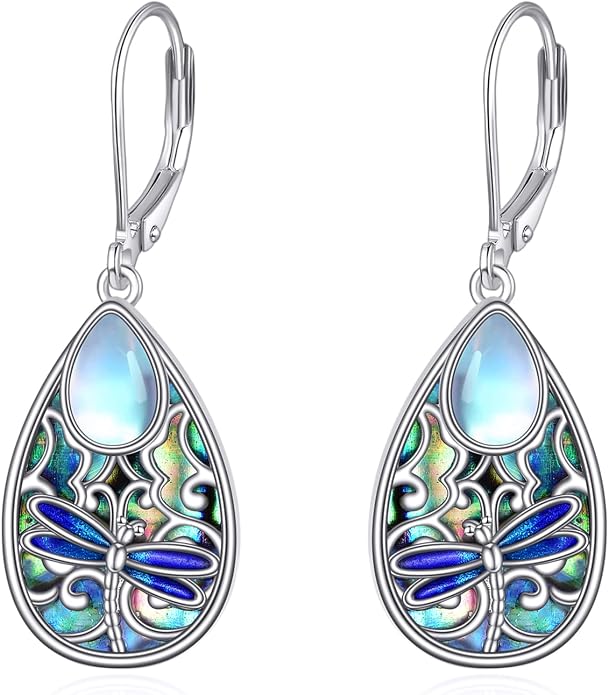 Dragonfly Earrings for Women 925 Sterling Silver Teardrop Leverback Moonstone Earrings Abalone Dangle Earrings Dragonfly Jewelry