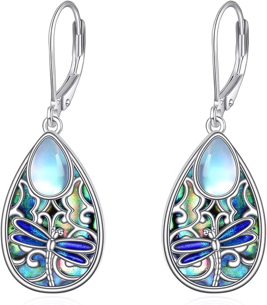 Dragonfly Earrings for Women 925 Sterling Silver Teardrop Leverback Moonstone Earrings Abalone Dangle Earrings Dragonfly Jewelry