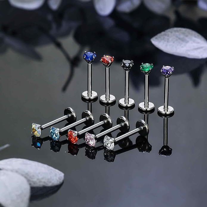 Ruifan Titanium Flat Back Lip Rings Threadless Push in Earrings Studs Nose Rings 20G 18G 16G Mix Colors CZ Tragus Cartilage Lobe Rook Helix Conch Labret Medusa Nostril Piercing Jewelry for Women Men