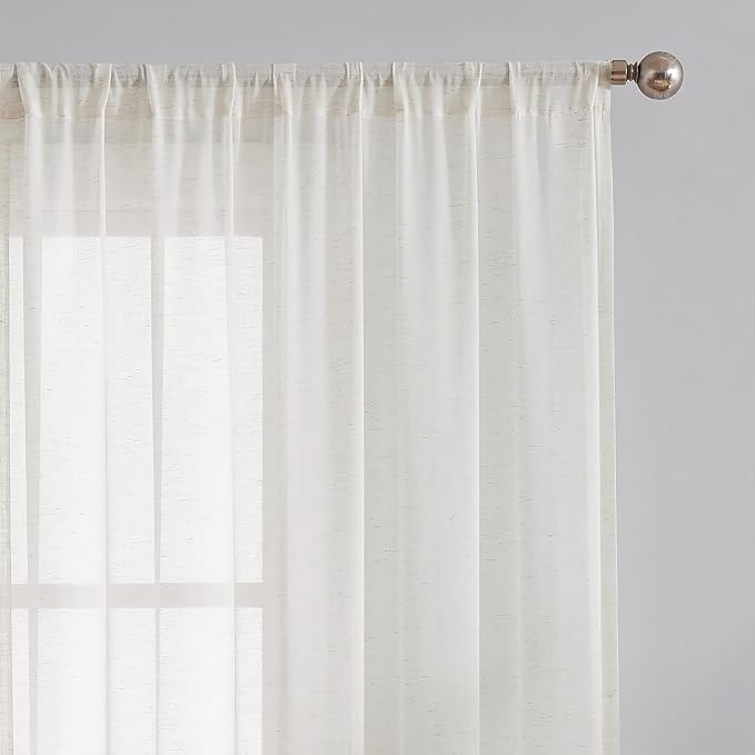 FMFUNCTEX Beige Flax Linen Sheer Curtains 54 Inch Long Rod Pocket 2 Panels | Natural Semi Sheer Window Drapes for Bedroom and Living Room, Farmhouse French Kitchen Window Curtain Light Filtering Privacy