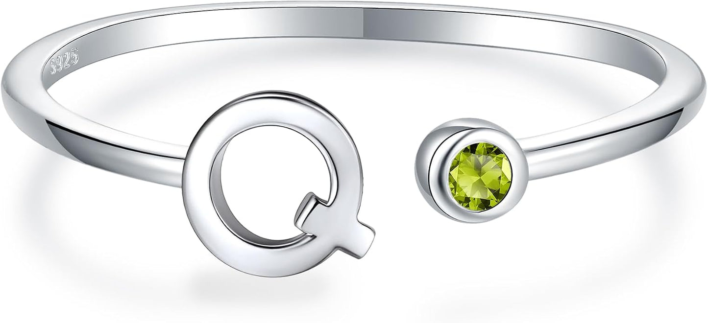 925 Sterling Silver Initial Letter Birthstone Rings for Women Adjustable 1-12 Month Birthstone Alphabet Stacking Ring for Teens Girls Stackable Birthstone Rings Birthday Jewelry Gift for Daughter Mom