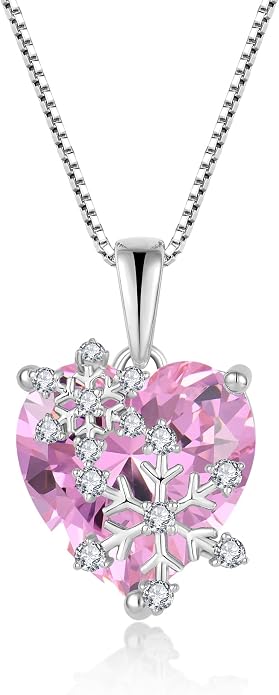 Snowflake Necklace for Women 925 Sterling Silver Heart Birthstone(White/Aquamarine/Sapphire/Pink) Pendant Necklaces Cubic Zirconia Winter Christmas Jewelry