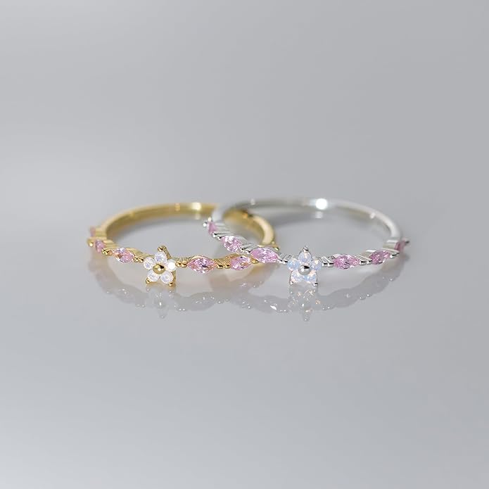 SUYACS 925 Sterling Silver Flower Rings with 6 Marquise Cut Pink Birthstone for Women Gold Plated Cute Opal Floral Small Stackable Ring Mother Daughter Statement Ring Jewelry Birthday Gifts