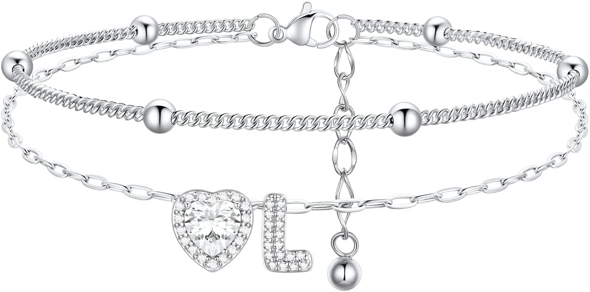 FindChic Silver/14K Gold Plated Layered CZ Initial Ankle Bracelet for Women | Waterproof Stainless Steel, Cubic Zirconia Letter Charm, Non-Tarnish, Hypoallergenic, Adjustable Extender, Summer Jewelry