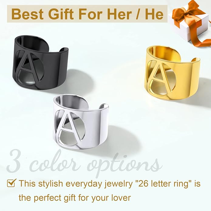 KeyStyle Bold Initial Letter Rings Adjustable, GoldChic Jewelry Women Gold Statement Ring Personalized Engraved Women’s Open Signet Ring for Party (Gold, White Gold, Black)