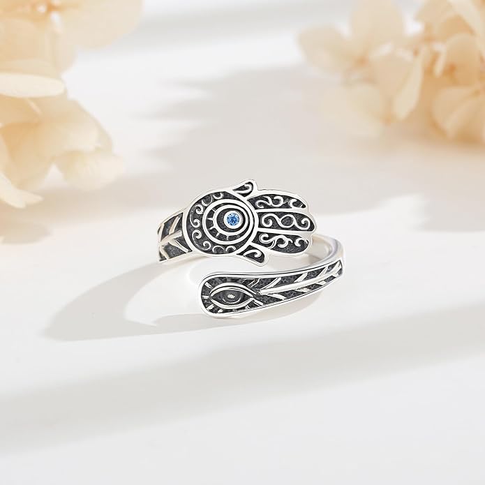 Vito 925 Sterling Silver Adjustable Open Spoon Ring for Women Men, Lotus Sunflower Snake Spoon Band Rings Feather Hug Witches Knot Inspirational Jewelry Gift for Wife