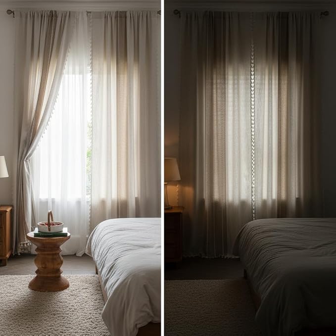 ColorBird Boho Curtains Linen-Textured for Living Room Bedroom 84 Inches Light Filtering Natral Brown Tan Farmhouse Embroidered Striped Curtains & Drapes for Dining Room Kitchen Window Treatment