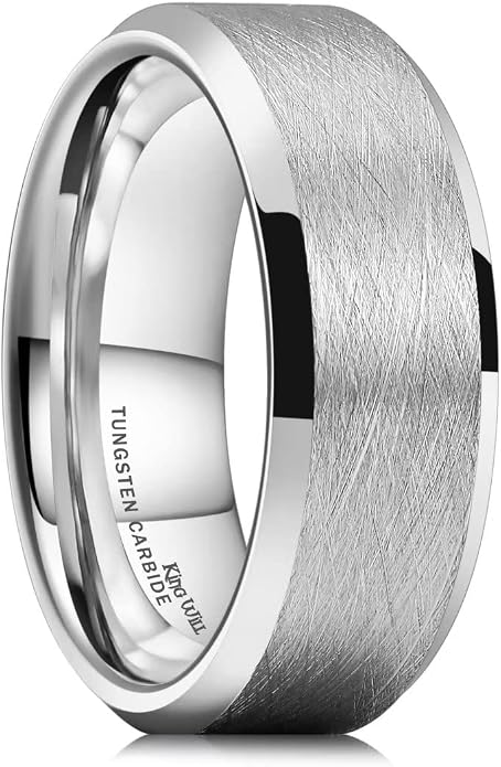 King Will Classic Tungsten Carbide Ring Brushed Two Grooved Center Hammered Design Mens Wedding Band for Men