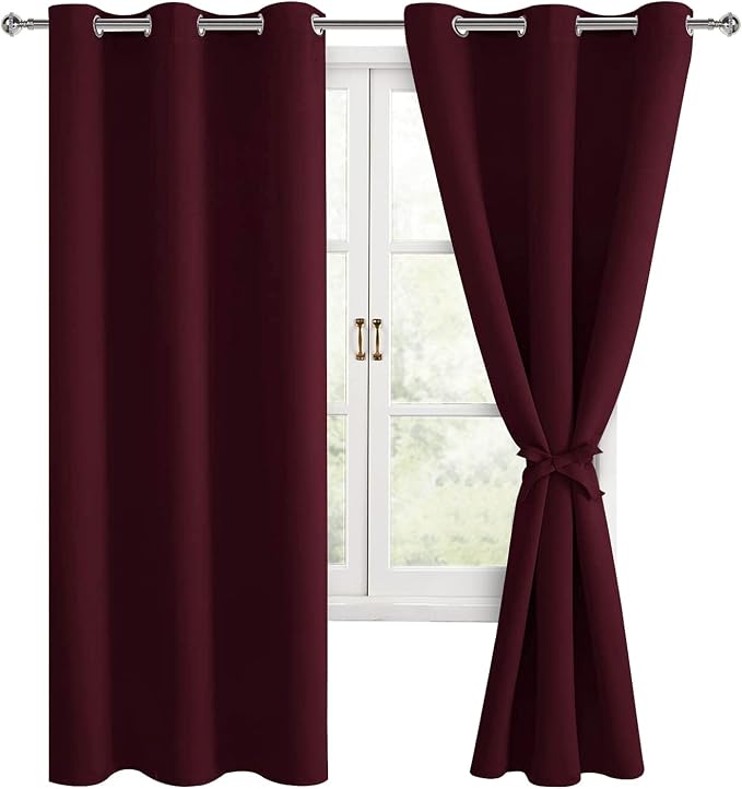 Hiasan Blackout Curtains for Bedroom, 38 x 63 Inches Length - Thermal Insulated & Light Blocking Window Curtains for Living Room Christmas Decor, 2 Drape Panels Sewn with Tiebacks, Burgundy