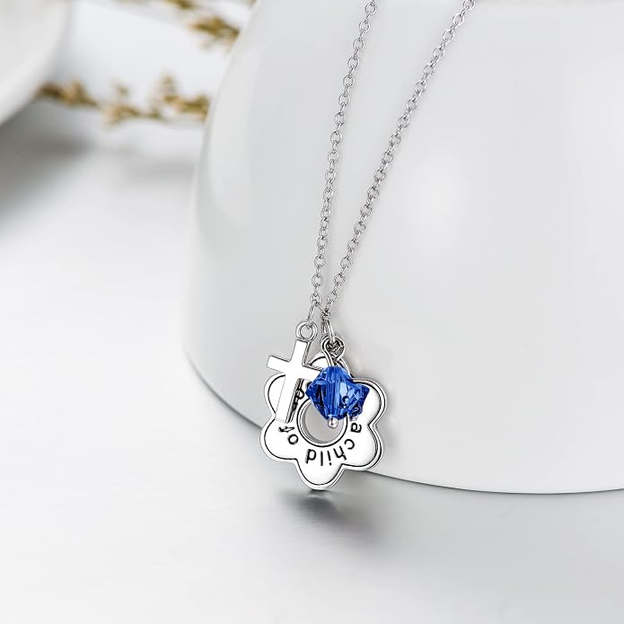 AOBOCO 925 Sterling Silver I Am a Child of God Daisy Necklace Jewelry Birthday Birthday Baptism Communion Gifts for Girls