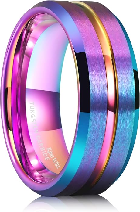 King Will Mens 8mm Rose Gold Groove/Gold Loop/Black Cross Groove Tungsten Carbide Wedding Ring Line Flat Pipe Cut Brushed Polished Comfort Fit 7-14