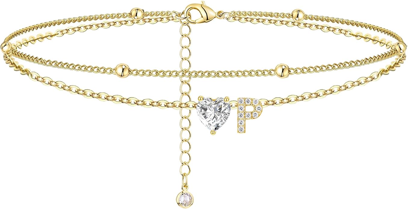 Ankle Bracelets for Women Waterproof 14K Gold Plated CZ Initial Anklet for Women Dainty Layered Letter Heart Ankle Bracelets Handmade Adjustable Foot Chain Anklet Summer Beach Jewelry