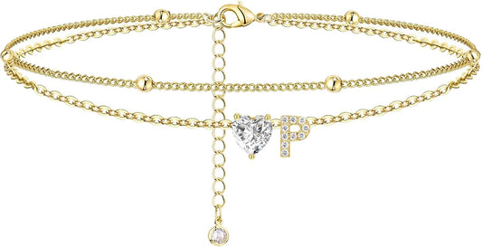 Ankle Bracelets for Women Waterproof 14K Gold Plated CZ Initial Anklet for Women Dainty Layered Letter Heart Ankle Bracelets Handmade Adjustable Foot Chain Anklet Summer Beach Jewelry