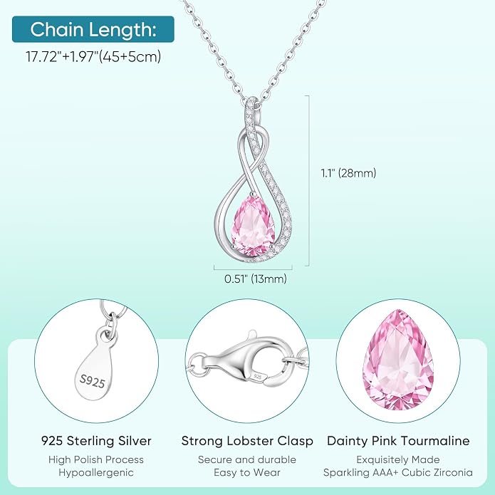 Birthstone Necklaces for Women Mothers - 925 Sterling Silver Dainty Infinity Cubic Zirconia Pendant Necklace Anniversary Birthday Christmas Gifts for Her Wife Mom Lady Daughter, Adjustable Chain