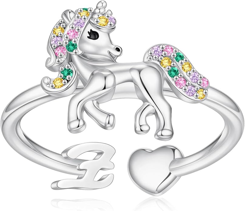 Unicorn Initial Rings for Teen Girls, Rose Gold/White Gold Plated Heart Initial Rings for Girls Adjustable Stackable Rings for Women Diny Heart Ring for Teen Girls Gifts Unicorns Gifts for Girls