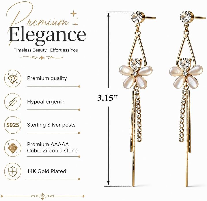 14K Gold Plated Flower Dangle Earrings for Women, Hypoallergenic Cubic Zirconia Long Threader Chandelier Earrings, Elegant Crystal Jewelry for Wedding Bridal Prom Party Gifts