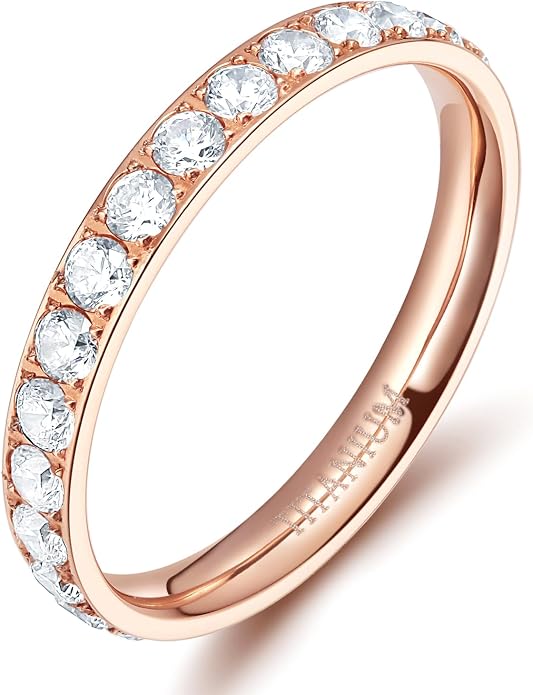 TIGRADE 3mm Women Titanium Engagement Ring Cubic Zirconia Eternity Wedding Band Size 3-13.5