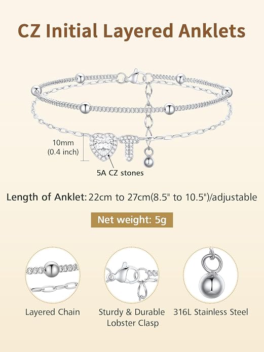 FindChic Silver/14K Gold Plated Layered CZ Initial Ankle Bracelet for Women | Waterproof Stainless Steel, Cubic Zirconia Letter Charm, Non-Tarnish, Hypoallergenic, Adjustable Extender, Summer Jewelry