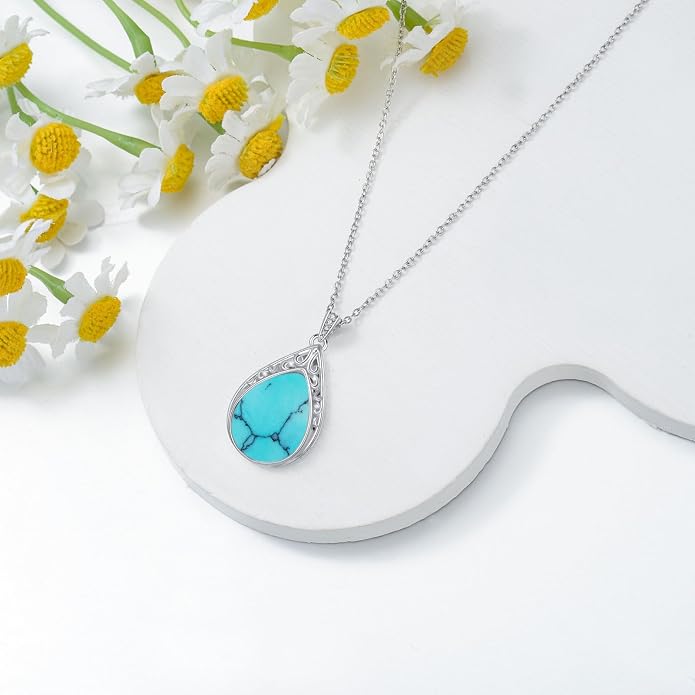 HPQQ Teardrop Necklace 925 Sterling Silver Filigree Gemstone Pendant Necklace Fine Jewelry Birthday Mother's Day Gifts for Women Her Mom