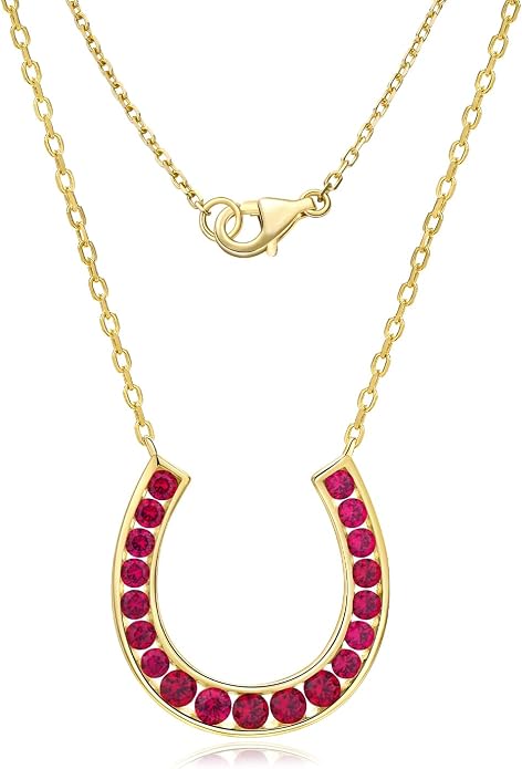 Luck Horseshoe Necklace 14K Gold Plated/Sterling Silver Created Gemstone Pendant with Chain Channel Set U Shaped Charm Necklace Birthstone Jewelry