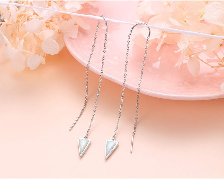 Threader Earrings Triangle Earrings Sterling Silver Created Opal Dangle Drop Long Chain Earring for Women Thread Earrings