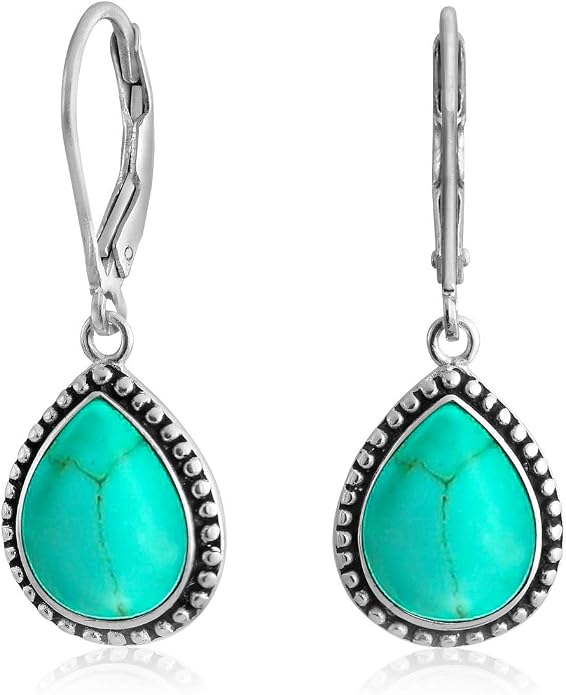 Bling Jewelry Boho Western Style Milgrain Setting Semi Precious Gemstones Lapis Turquoise Jade Onyx Quartz Pear Shaped Teardrop Lever Back Dangle Drop Earrings Teen Oxidized .925 Sterling Silver