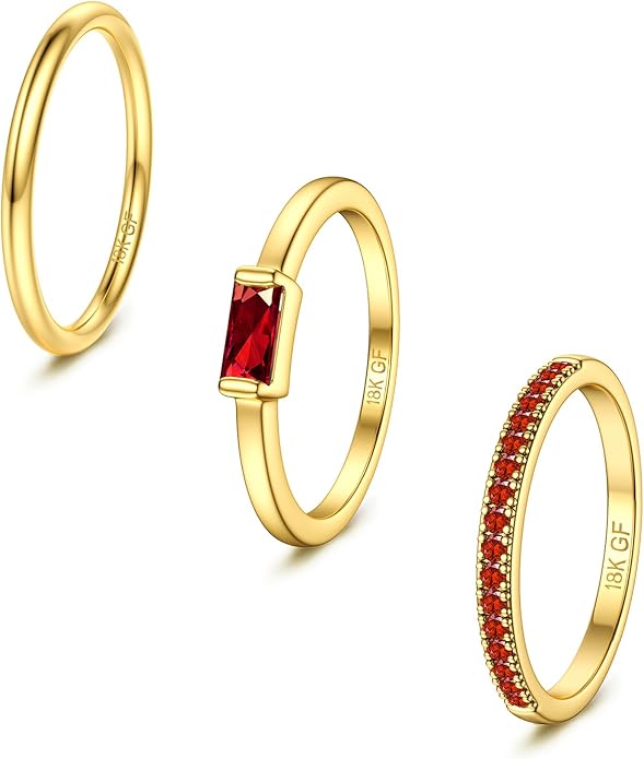 Gold Stackable Birthstone Rings for Women - 18K Gold Filled Non Tarnish Dainty Gold Stacking Rings Set - Cubic Zirconia Thumb Knuckle Ring Wedding Engagement Ring for her Gifts Size 6 7 8 9 10 3pcs
