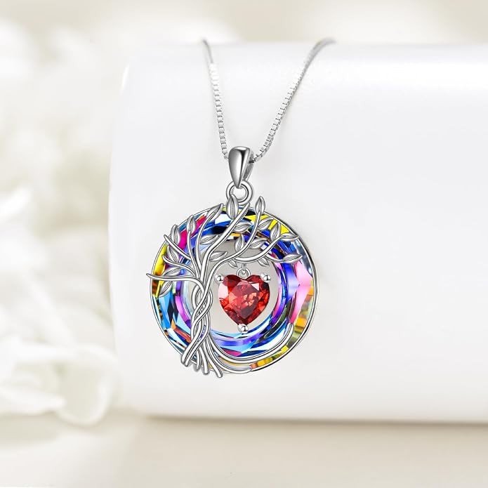 POPLYKE Mothers Day Gifts for Mom Her Wife Tree of Life Necklace 925 Sterling Silver Birthstone Pendant with Crystal Anniversary Birthday Wedding Jewelry for Women
