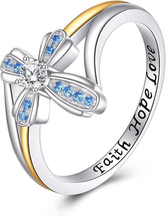 YFN Cross Ring Vintage Tone Sterling Silver With God All Things Are Possible CZ Band Rings Size 6-10