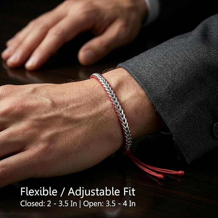Sun Steel Silver Red String Bracelet - Kabbalah Protection Evil Eye Bracelets for Men & Women - Sensational Design - Adjustable fit with Waterproof Weaving - Stainless Steel Jewelry for Positive Energy