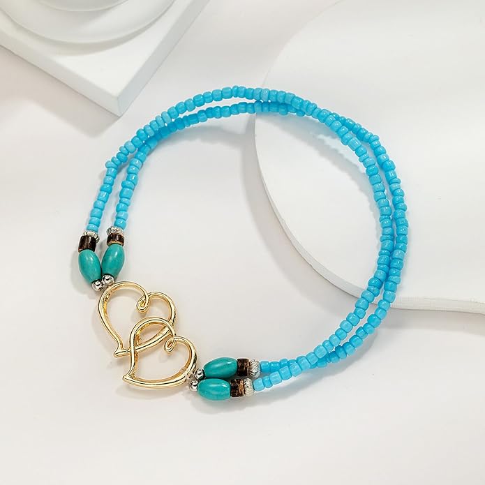 Ankle Bracelets for Women Waterproof Elastic Heart Anklet Stretchy Ankle Bracelets Colorful Beaded Anklets Boho Ankle Bracelets Silver Beach Anklet Jewelry Accessories for Summer